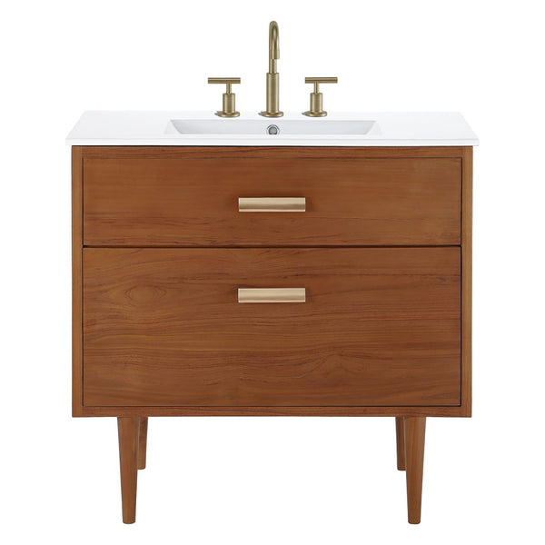Modway Furniture Cassia 36" Bathroom Vanity - Mid-Century Design with Teak Finish, Ceramic Top & Smart Storage Solutions EEI-5109-NAT-WHI