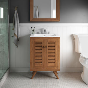Modway Furniture Birdie 24" Bathroom Vanity by Modway - Coastal Teak Wood Design with Ceramic Sink & Storage Solutions EEI-5112-NAT-WHI