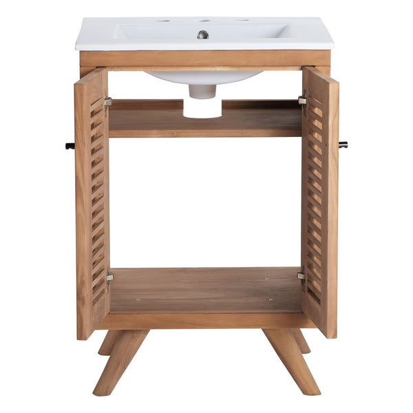 Modway Furniture Birdie 24" Bathroom Vanity by Modway - Coastal Teak Wood Design with Ceramic Sink & Storage Solutions EEI-5112-NAT-WHI