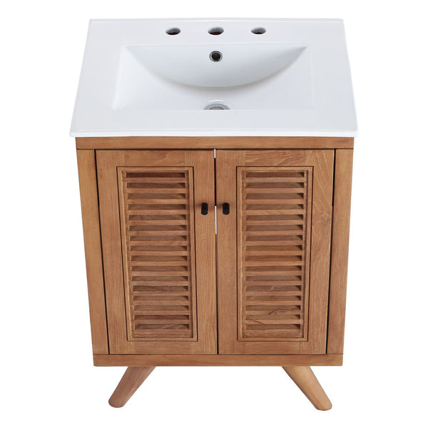 Modway Furniture Birdie 24" Bathroom Vanity by Modway - Coastal Teak Wood Design with Ceramic Sink & Storage Solutions EEI-5112-NAT-WHI