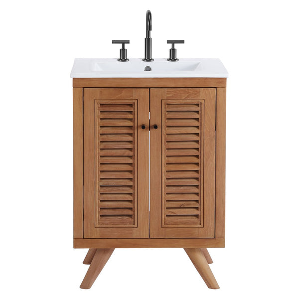 Modway Furniture Birdie 24" Bathroom Vanity by Modway - Coastal Teak Wood Design with Ceramic Sink & Storage Solutions EEI-5112-NAT-WHI