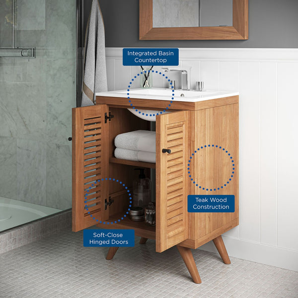 Modway Furniture Birdie 24" Bathroom Vanity by Modway - Coastal Teak Wood Design with Ceramic Sink & Storage Solutions EEI-5112-NAT-WHI