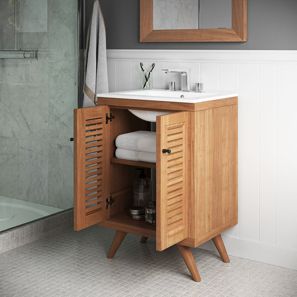 Modway Furniture Birdie 24" Bathroom Vanity by Modway - Coastal Teak Wood Design with Ceramic Sink & Storage Solutions EEI-5112-NAT-WHI