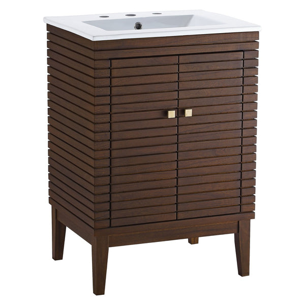 Modway Furniture Ledger 24" Mid-Century Modern Bathroom Vanity in Walnut with Ceramic Sink & Spacious Storage Solutions EEI-5114-WAL-WHI