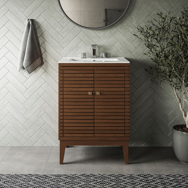 Modway Furniture Ledger 24" Mid-Century Modern Bathroom Vanity in Walnut with Ceramic Sink & Spacious Storage Solutions EEI-5114-WAL-WHI