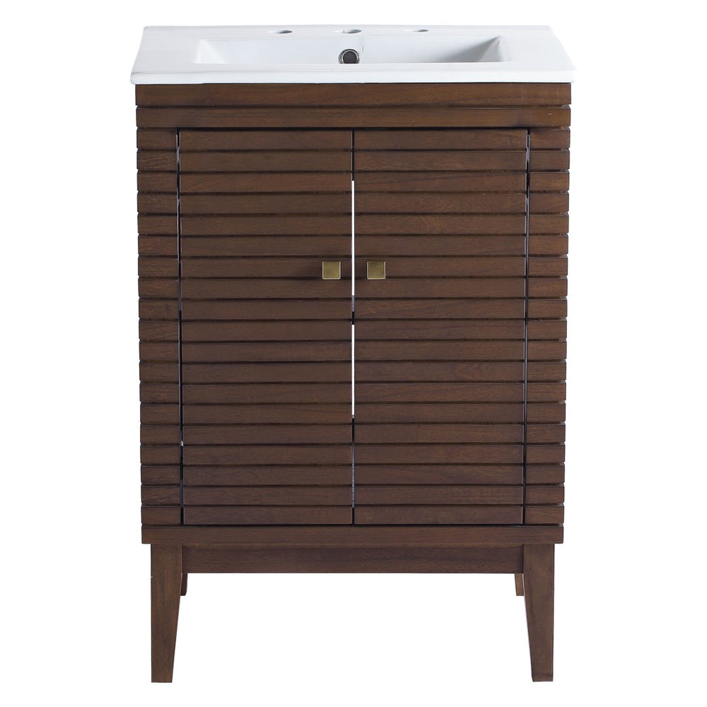 Modway Furniture Ledger 24" Mid-Century Modern Bathroom Vanity in Walnut with Ceramic Sink & Spacious Storage Solutions EEI-5114-WAL-WHI