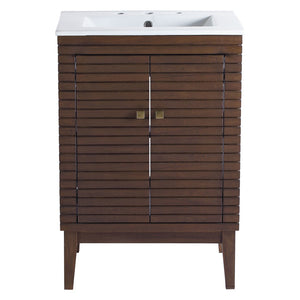 Modway Furniture Ledger 24" Mid-Century Modern Bathroom Vanity in Walnut with Ceramic Sink & Spacious Storage Solutions EEI-5114-WAL-WHI