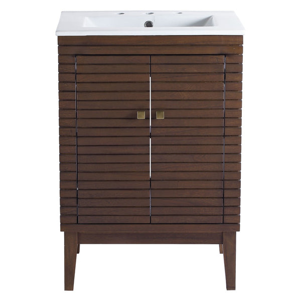 Modway Furniture Ledger 24" Mid-Century Modern Bathroom Vanity in Walnut with Ceramic Sink & Spacious Storage Solutions EEI-5114-WAL-WHI