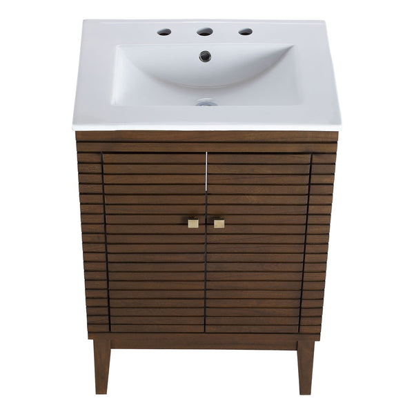 Modway Furniture Ledger 24" Mid-Century Modern Bathroom Vanity in Walnut with Ceramic Sink & Spacious Storage Solutions EEI-5114-WAL-WHI