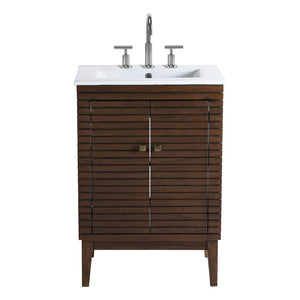 Modway Furniture Ledger 24" Mid-Century Modern Bathroom Vanity in Walnut with Ceramic Sink & Spacious Storage Solutions EEI-5114-WAL-WHI