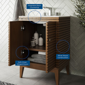 Modway Furniture Ledger 24" Mid-Century Modern Bathroom Vanity in Walnut with Ceramic Sink & Spacious Storage Solutions EEI-5114-WAL-WHI