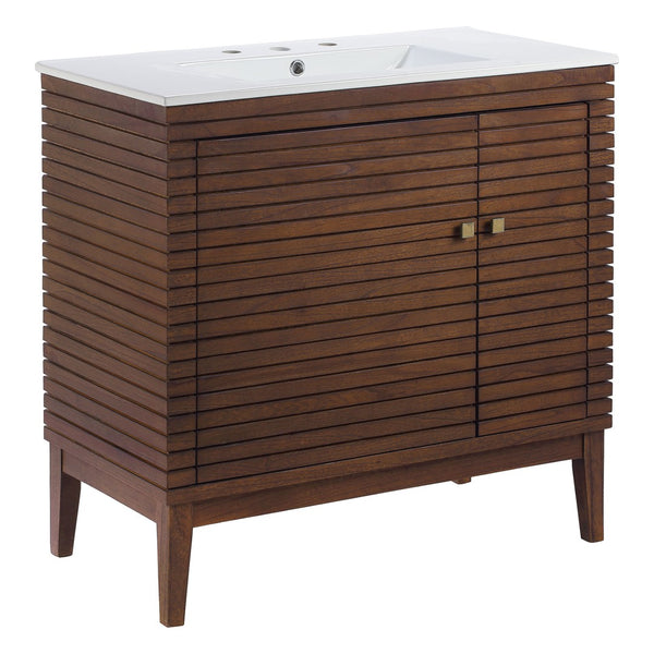 Modway Furniture Ledger 36" Bathroom Vanity - Mid-Century Modern Design in Walnut with Integrated Sink and Storage EEI-5115-WAL-WHI