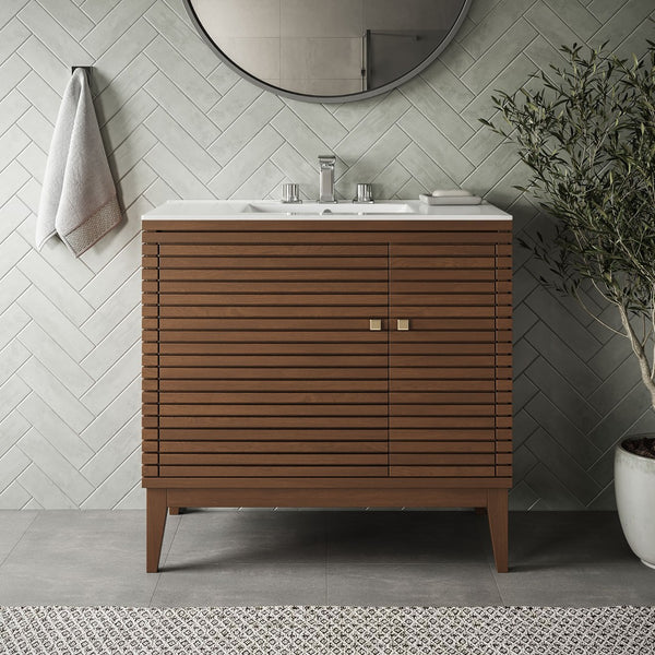 Modway Furniture Ledger 36" Bathroom Vanity - Mid-Century Modern Design in Walnut with Integrated Sink and Storage EEI-5115-WAL-WHI