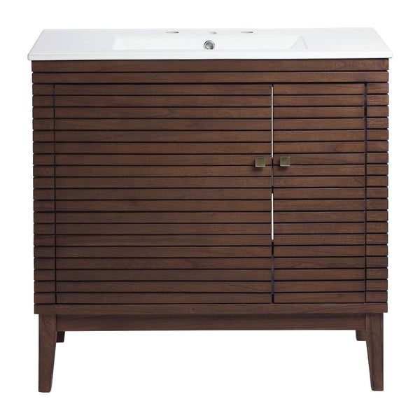 Modway Furniture Ledger 36" Bathroom Vanity - Mid-Century Modern Design in Walnut with Integrated Sink and Storage EEI-5115-WAL-WHI