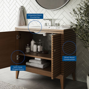 Modway Furniture Ledger 36" Bathroom Vanity - Mid-Century Modern Design in Walnut with Integrated Sink and Storage EEI-5115-WAL-WHI