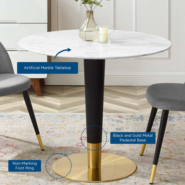 Modway Furniture Zinque 36" Artificial Marble Dining Table - Mid-Century Modern Design, Seats 4, Gold & White Finish EEI-5122-GLD-WHI