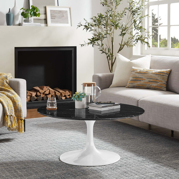 Modway Furniture Lippa 36" Round Faux Marble Coffee Table - Mid-Century Modern Design with Sleek Metal Base EEI-5191-WHI-BLK
