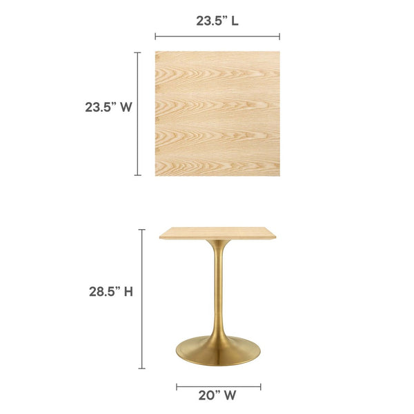 Modway Furniture Lippa 24" Square Wood Dining Table - Modern Gold Metal Base, Space-Saving Design for Any Room EEI-5219-GLD-NAT