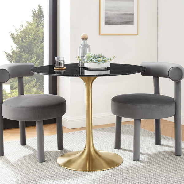 Modway Furniture Lippa 36" Round Faux Marble Dining Table - Elegant Mid-Century Design, Gold Base for Small Spaces EEI-5225-GLD-BLK