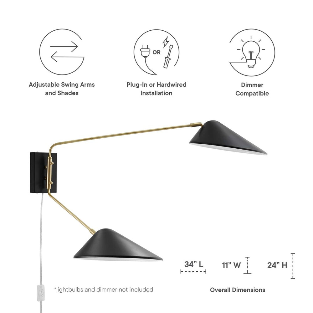 Modway Furniture Journey 2-Light Swing Arm Wall Sconce - Mid-Century Modern Design with Adjustable Lighting Control EEI-5294-BLK