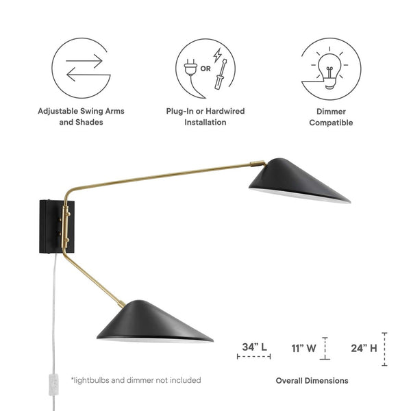 Modway Furniture Journey 2-Light Swing Arm Wall Sconce - Mid-Century Modern Design with Adjustable Lighting Control EEI-5294-BLK