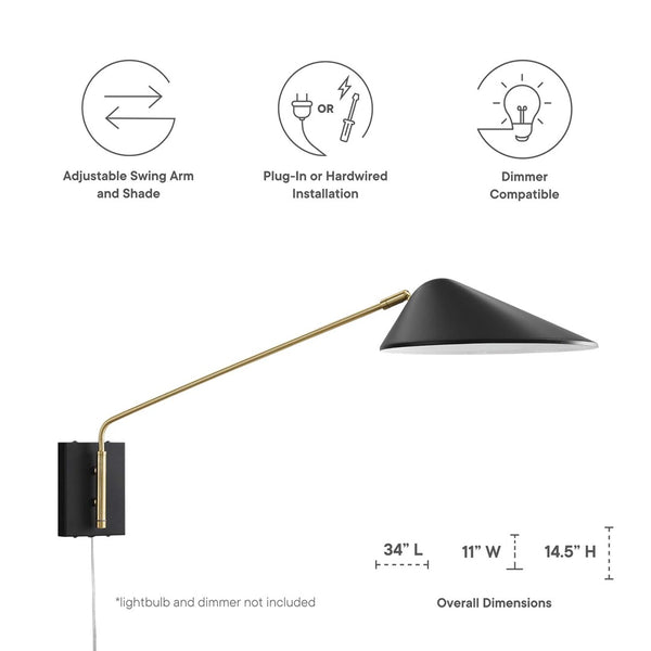 Modway Furniture Journey 24" Adjustable Swing Arm Wall Sconce - Mid-Century Modern Lighting for Elegant Spaces EEI-5295-BLK