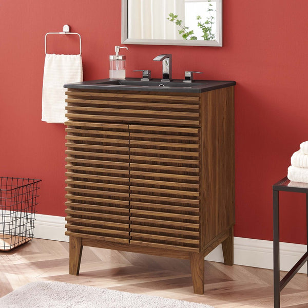 Modway Furniture Render 24" Bathroom Vanity by Modway - Mid-Century Modern Design with Soft-Close Storage Solutions Walnut Black EEI-5350-WAL-BLK