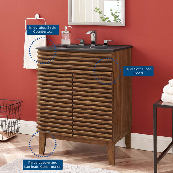 Modway Furniture Render 24" Bathroom Vanity by Modway - Mid-Century Modern Design with Soft-Close Storage Solutions Walnut Black EEI-5350-WAL-BLK