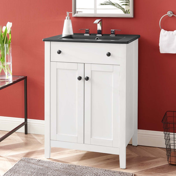 Modway Furniture Nantucket 24" Bathroom Vanity - Modern Design with Curved Basin, Soft-Close Doors & Storage Solutions White Black EEI-5354-WHI-BLK