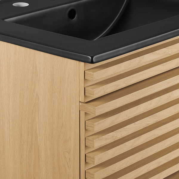 Modway Furniture Render 24" Wall-Mount Bathroom Vanity - Modern Mid-Century Floating Design with Ample Storage Space Oak Black EEI-5364-OAK-BLK