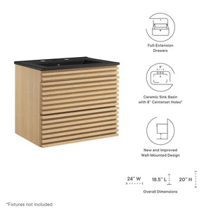 Modway Furniture Render 24" Wall-Mount Bathroom Vanity - Modern Mid-Century Floating Design with Ample Storage Space Oak Black EEI-5364-OAK-BLK