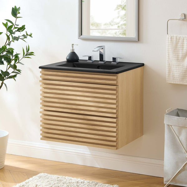 Modway Furniture Render 24" Wall-Mount Bathroom Vanity - Modern Mid-Century Floating Design with Ample Storage Space Oak Black EEI-5364-OAK-BLK