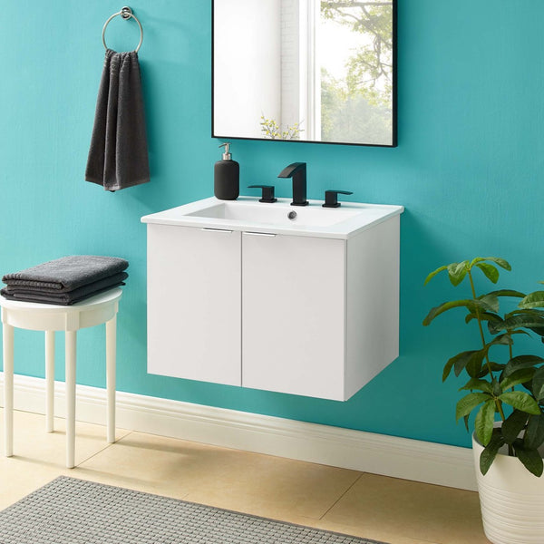 Modway Furniture Maybelle 24" Wall-Mount Bathroom Vanity - Sleek White Design with Integrated Sink & Soft-Close Doors EEI-5379-WHI-WHI
