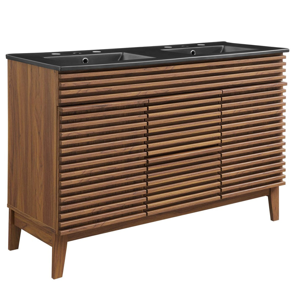 Modway Furniture Render 48" Double Sink Bathroom Vanity with Walnut Finish - Mid-Century Modern Design & Storage EEI-5381-WAL-BLK