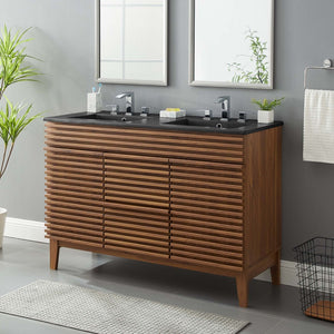 Modway Furniture Render 48" Double Sink Bathroom Vanity with Walnut Finish - Mid-Century Modern Design & Storage EEI-5381-WAL-BLK
