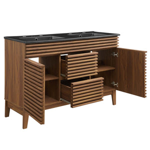 Modway Furniture Render 48" Double Sink Bathroom Vanity with Walnut Finish - Mid-Century Modern Design & Storage EEI-5381-WAL-BLK