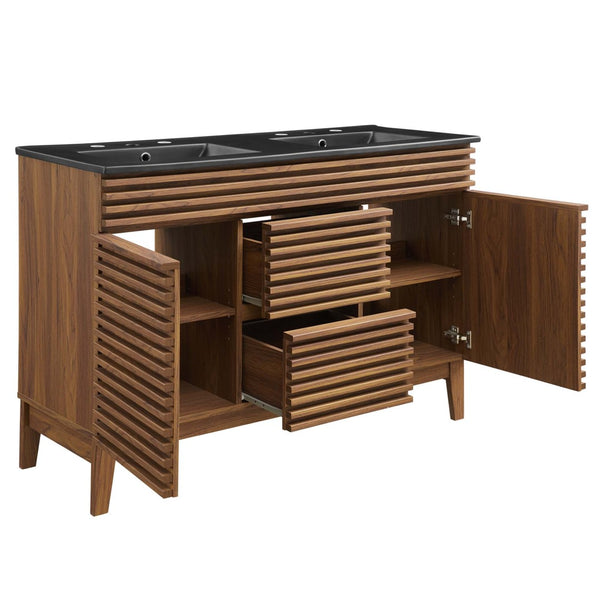 Modway Furniture Render 48" Double Sink Bathroom Vanity with Walnut Finish - Mid-Century Modern Design & Storage EEI-5381-WAL-BLK