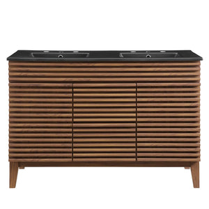 Modway Furniture Render 48" Double Sink Bathroom Vanity with Walnut Finish - Mid-Century Modern Design & Storage EEI-5381-WAL-BLK