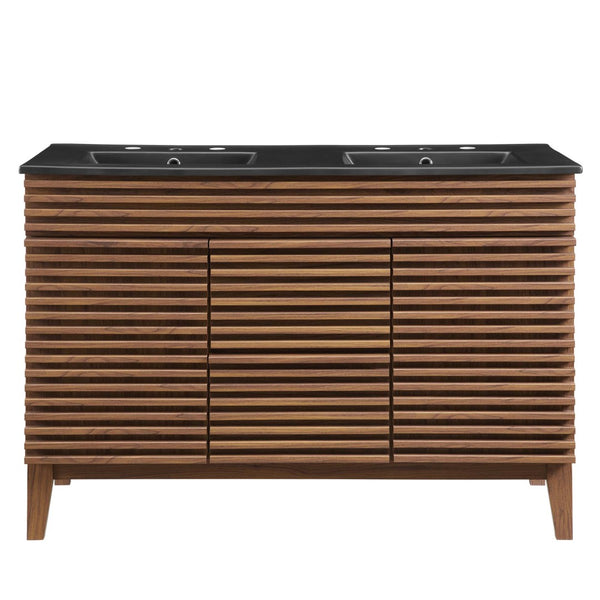 Modway Furniture Render 48" Double Sink Bathroom Vanity with Walnut Finish - Mid-Century Modern Design & Storage EEI-5381-WAL-BLK