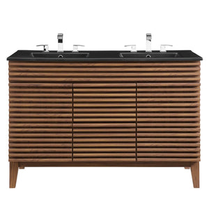 Modway Furniture Render 48" Double Sink Bathroom Vanity with Walnut Finish - Mid-Century Modern Design & Storage EEI-5381-WAL-BLK