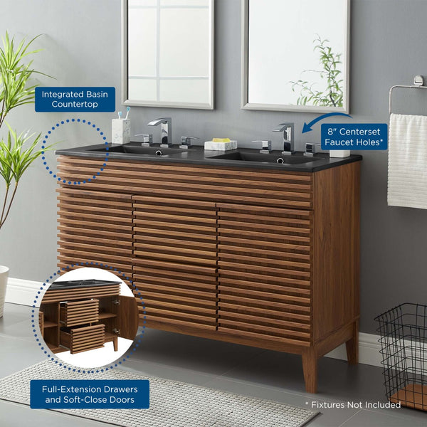 Modway Furniture Render 48" Double Sink Bathroom Vanity with Walnut Finish - Mid-Century Modern Design & Storage EEI-5381-WAL-BLK