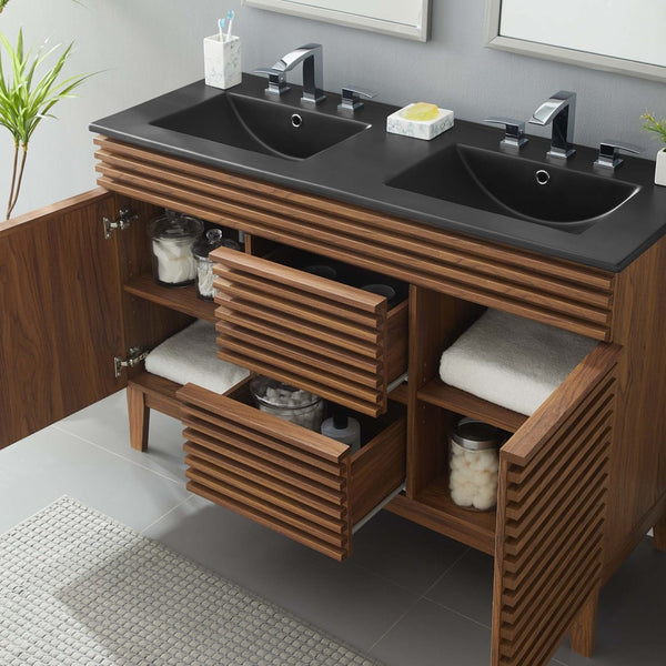 Modway Furniture Render 48" Double Sink Bathroom Vanity with Walnut Finish - Mid-Century Modern Design & Storage EEI-5381-WAL-BLK