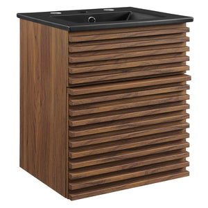 Modway Furniture Render 18" Wall-Mount Bathroom Vanity - Mid-Century Walnut Design with Integrated Ceramic Sink EEI-5390-WAL-BLK