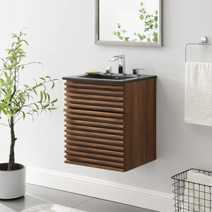 Modway Furniture Render 18" Wall-Mount Bathroom Vanity - Mid-Century Walnut Design with Integrated Ceramic Sink EEI-5390-WAL-BLK