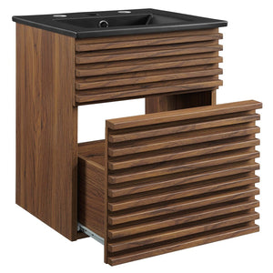 Modway Furniture Render 18" Wall-Mount Bathroom Vanity - Mid-Century Walnut Design with Integrated Ceramic Sink EEI-5390-WAL-BLK