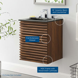 Modway Furniture Render 18" Wall-Mount Bathroom Vanity - Mid-Century Walnut Design with Integrated Ceramic Sink EEI-5390-WAL-BLK