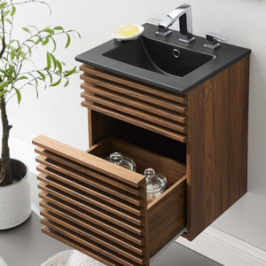 Modway Furniture Render 18" Wall-Mount Bathroom Vanity - Mid-Century Walnut Design with Integrated Ceramic Sink EEI-5390-WAL-BLK