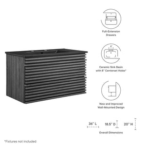 Modway Furniture Render 36" Wall-Mount Bathroom Vanity – Mid-Century Modern Design with Ample Storage and Style Charcoal Black EEI-5395-CHA-BLK