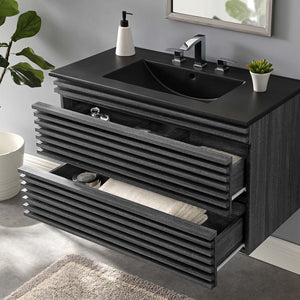 Modway Furniture Render 36" Wall-Mount Bathroom Vanity – Mid-Century Modern Design with Ample Storage and Style Charcoal Black EEI-5395-CHA-BLK