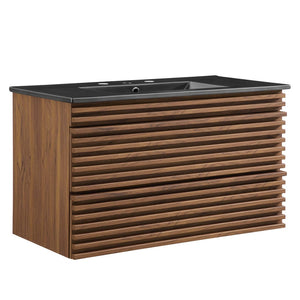 Modway Furniture Render 36" Wall-Mount Bathroom Vanity – Mid-Century Modern Design with Ample Storage and Style Walnut Black EEI-5395-WAL-BLK